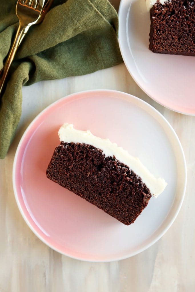 Slice of Chocolate Guinness Cake on a small pink plate