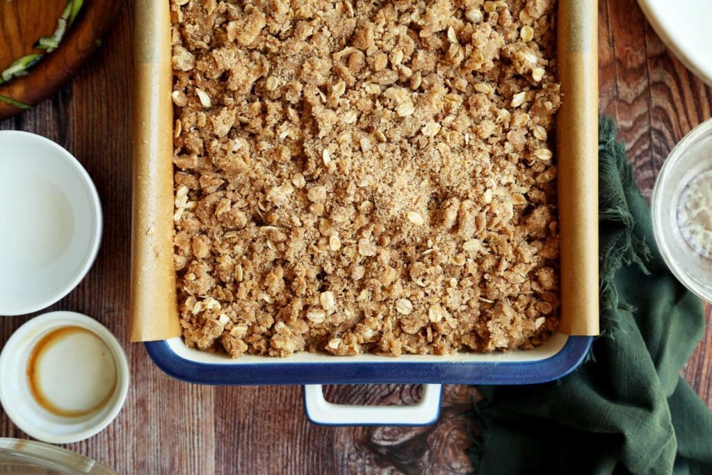 Baked coffee cake recipe with oat crumble topping.