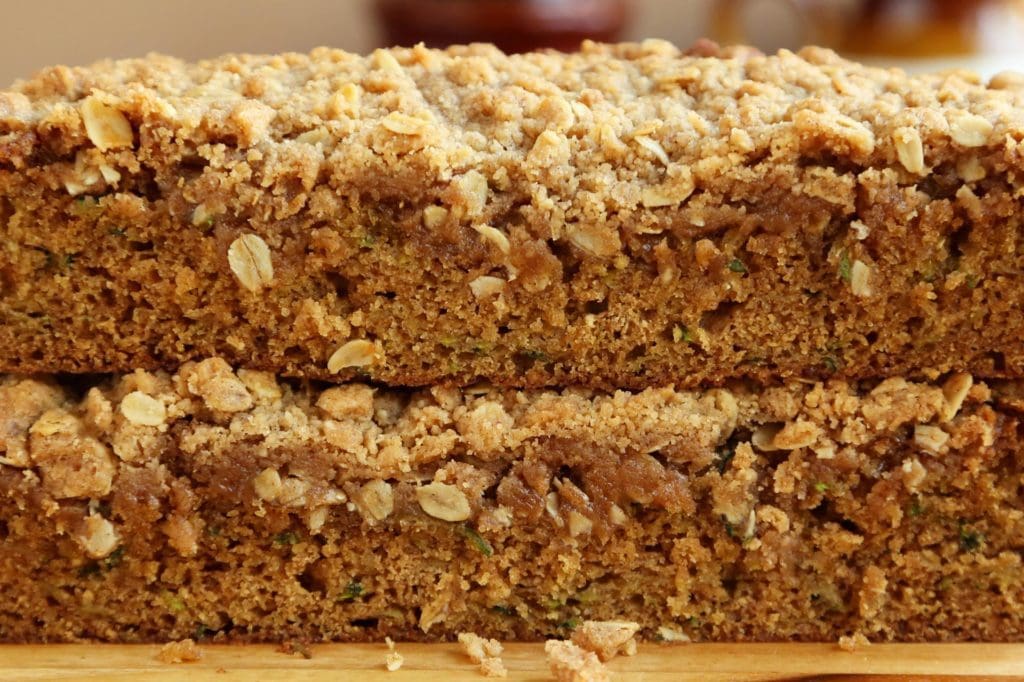 Close up of stacked coffee cake slices.