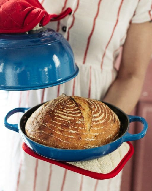 A loaf on no-knead bread in the le creuset bread oven.
