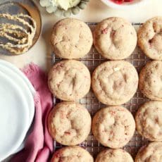 Strawberry white chocolate chai sugar cookies on a cooling rack.