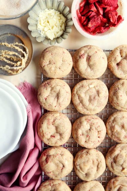 Strawberry white chocolate chai sugar cookies on a cooling rack.