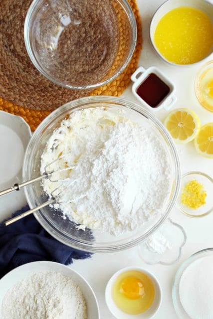 Dry ingredients added to cake batter.