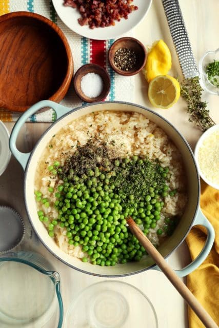 fresh peas and herbs into risotto recipe