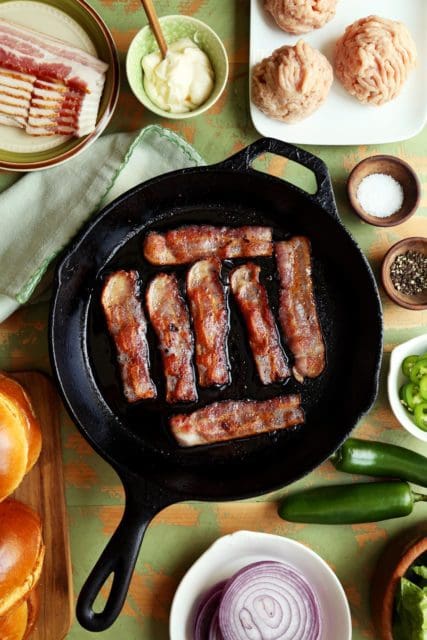 bacon cooked to crisp in cast iron skillet