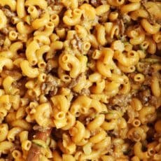 Texture of hand-crafted hamburger helper in pot.  Dwelling made Steak Sauce 0S9A9831 230x230