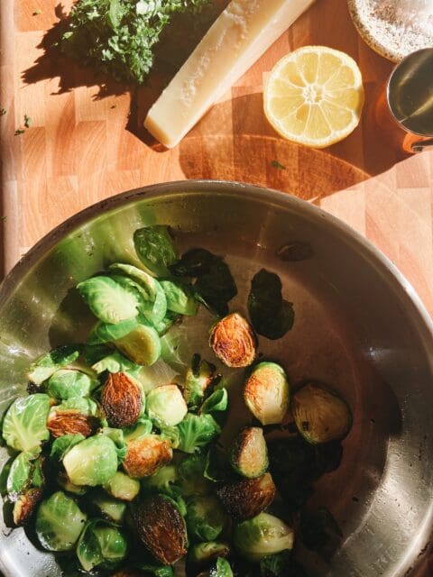 browned brussels sprouts in a pan