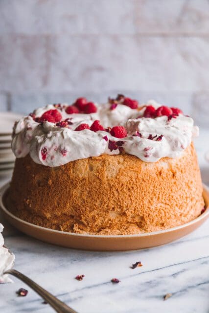 side shot of freshly baked angel food cake recipe