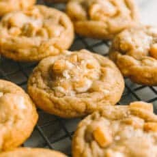 close up shot of white chocolate macadamia nut cookies