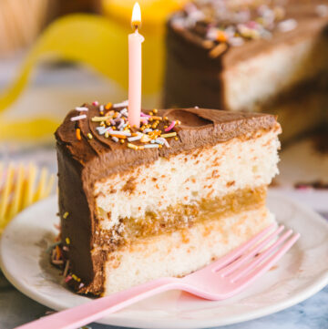 close up shot of birthday cake recipes with a lit candle on top