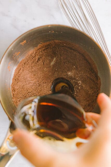adding liquid to the chocolate pudding recipe