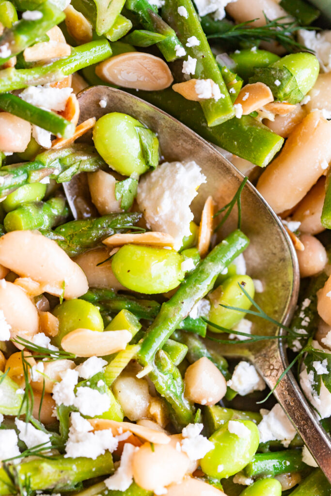 spoonful of spring salad with edamame, asparagus, cannellini beans, slivered almonds, and crumbled cheese