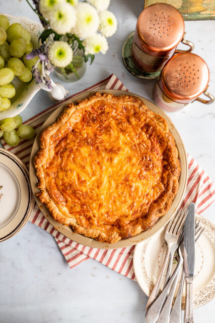 freshly baked quiche Lorraine hot and ready to eat