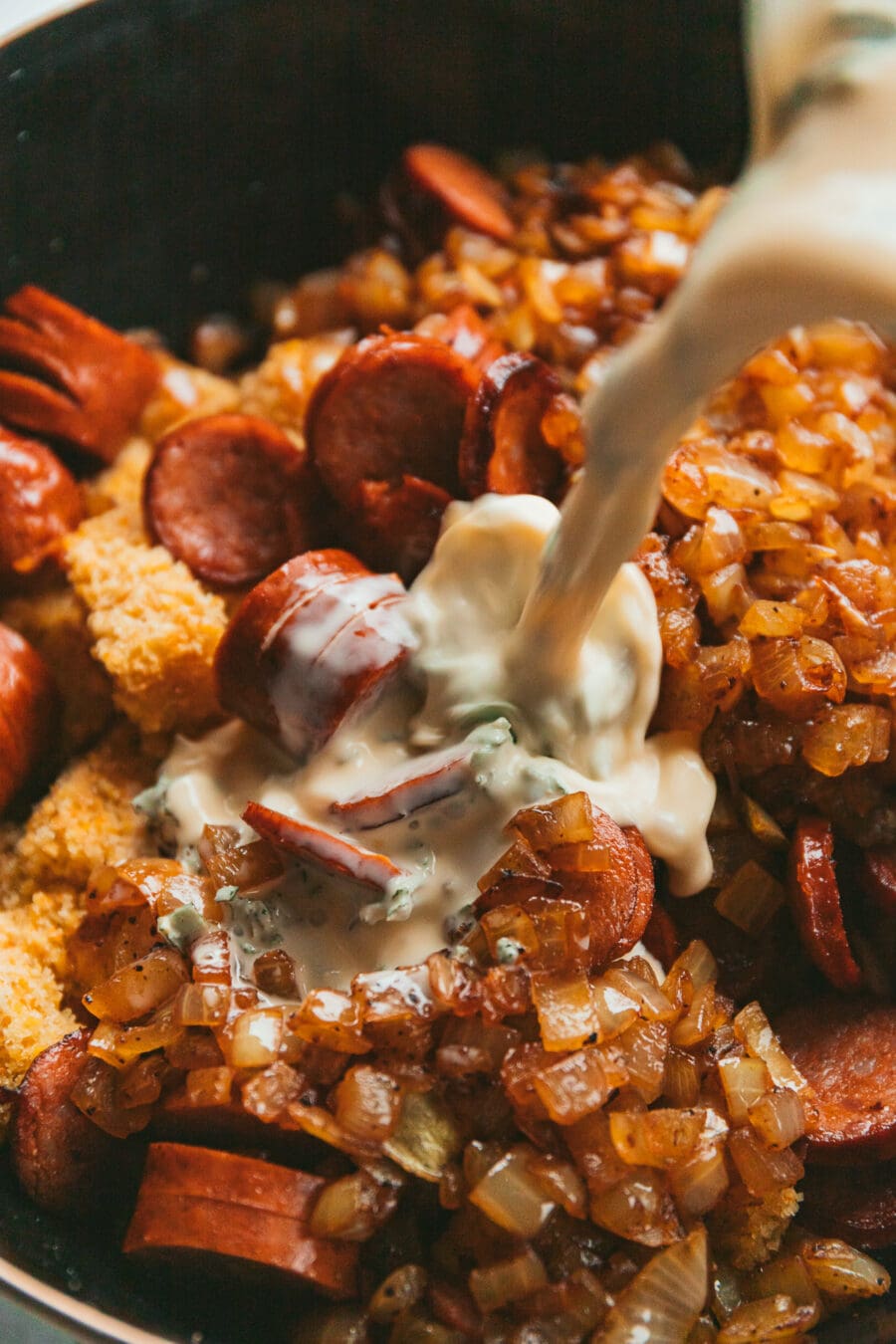 French Onion Cornbread Dressing with Zatarain’s Smoked Andouille Sausage